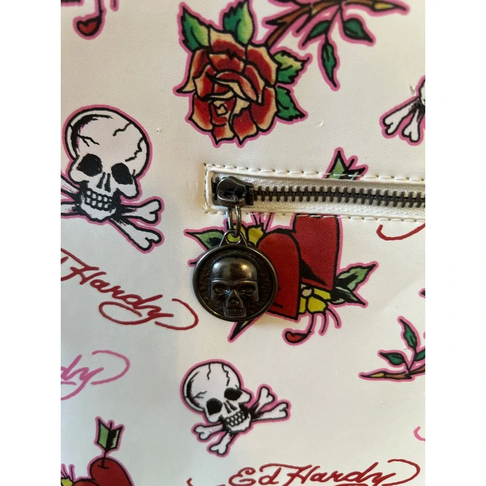Ed Hardy Tattoo Print Shoulder Bag White Skull Rose Heart Y2K Satchel Tote